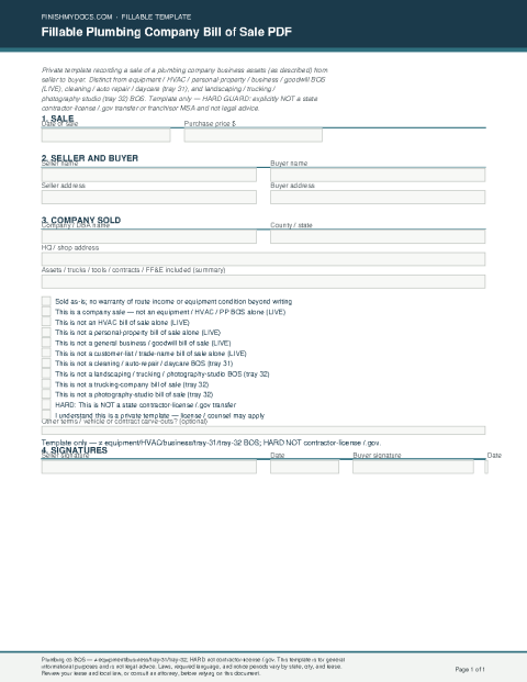 Fillable Plumbing Company Bill of Sale PDF preview