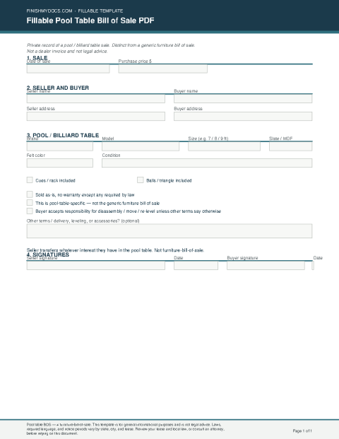 Fillable Pool Table Bill of Sale PDF preview