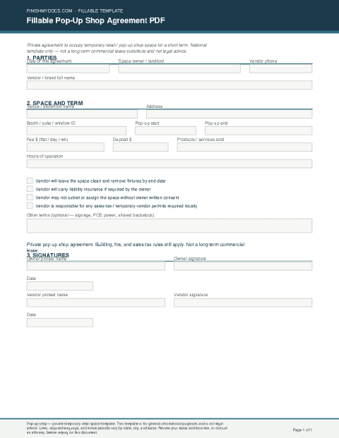 Fillable Pop-Up Shop Agreement PDF preview