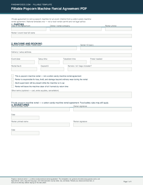 Fillable Popcorn Machine Rental Agreement PDF preview