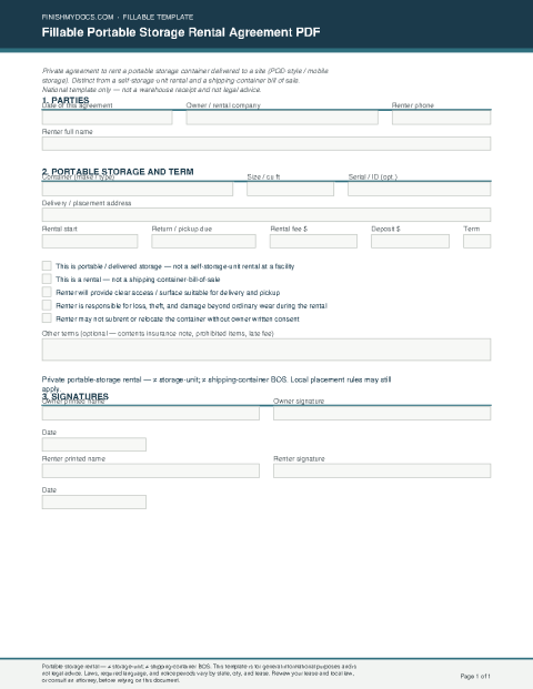 Fillable Portable Storage Rental Agreement PDF preview