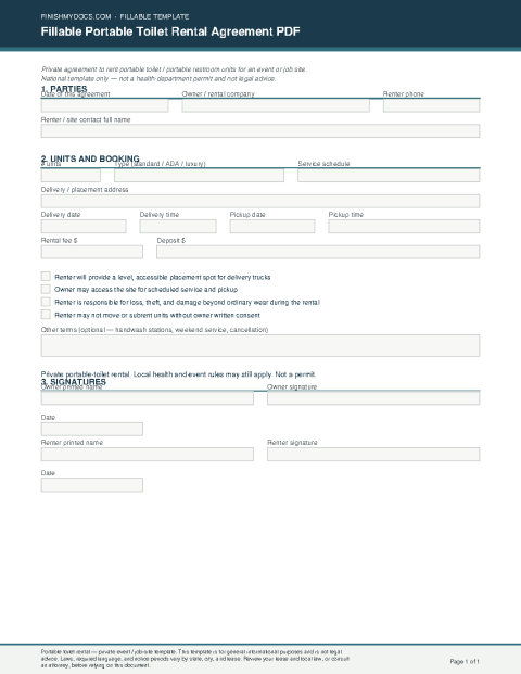 Fillable Portable Toilet Rental Agreement PDF preview