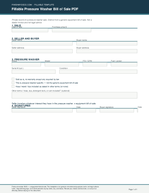 Fillable Pressure Washer Bill of Sale PDF preview