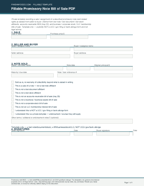 Fillable Promissory Note Bill of Sale PDF preview