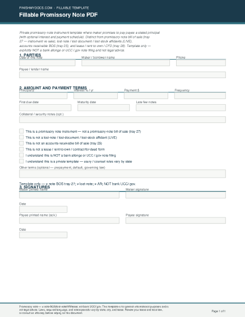Fillable Promissory Note PDF preview