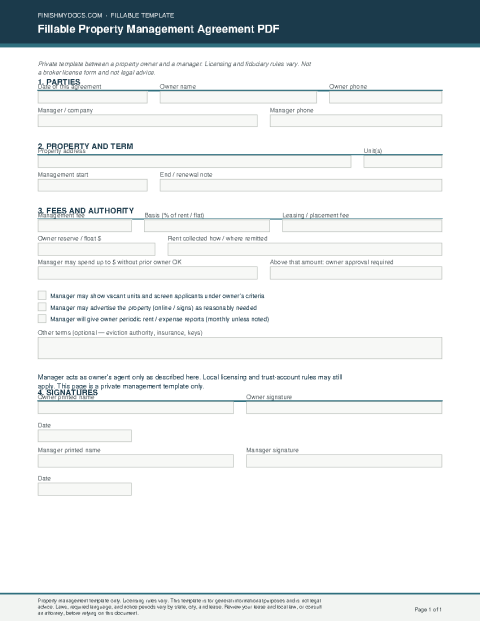 Fillable Property Management Agreement PDF preview