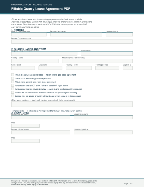 Fillable Quarry Lease Agreement PDF preview