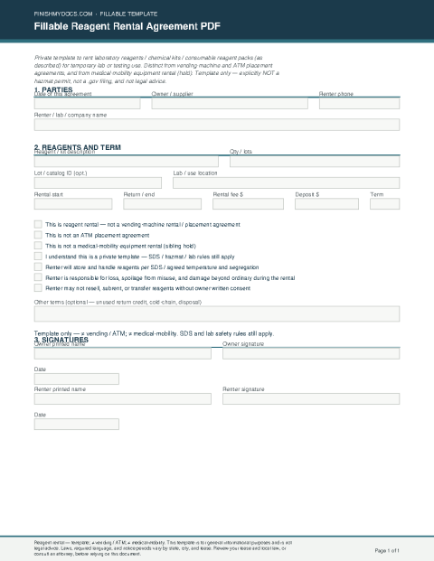 Fillable Reagent Rental Agreement PDF preview
