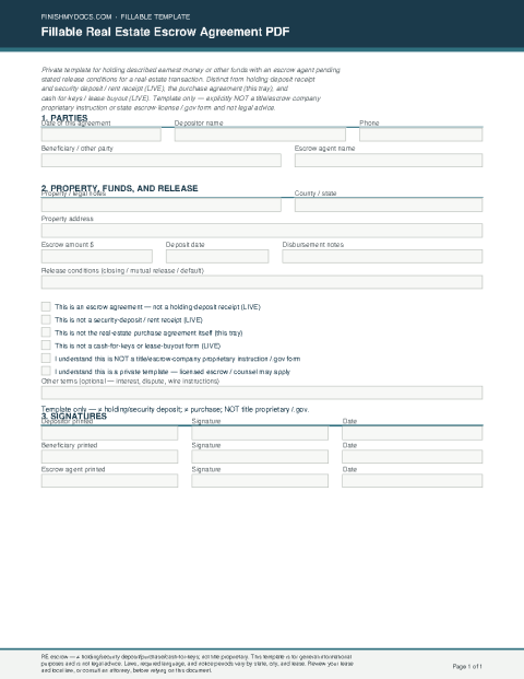 Fillable Real Estate Escrow Agreement PDF preview