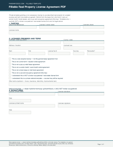 Fillable Real Property License Agreement PDF preview