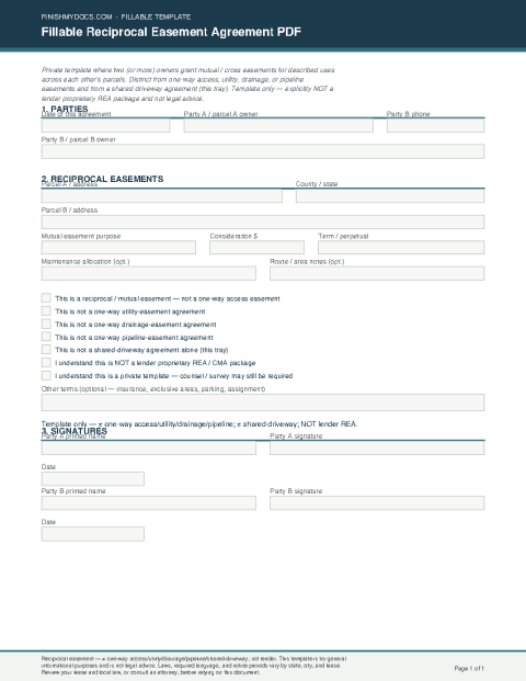 Fillable Reciprocal Easement Agreement PDF preview