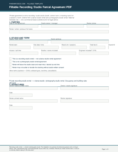 Fillable Recording Studio Rental Agreement PDF preview