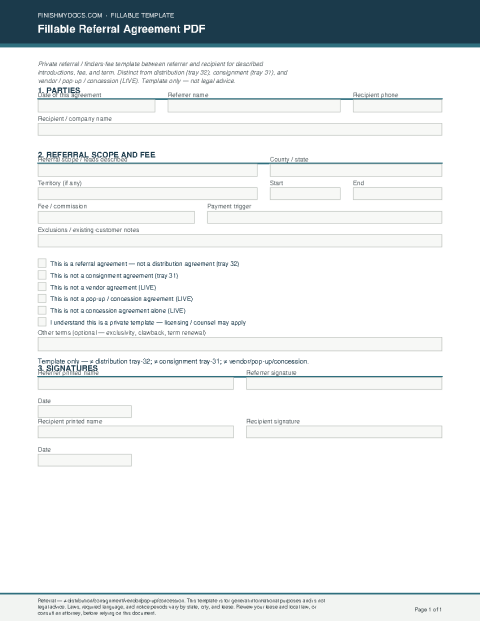 Fillable Referral Agreement PDF preview
