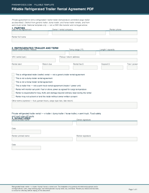 Fillable Refrigerated Trailer Rental Agreement PDF preview