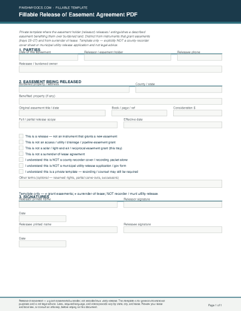 Fillable Release of Easement Agreement PDF preview
