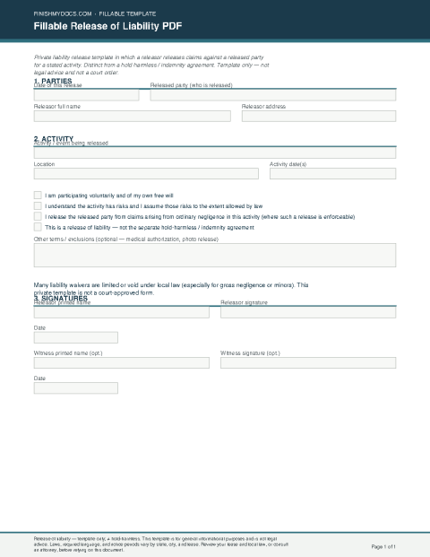Fillable Release of Liability PDF preview