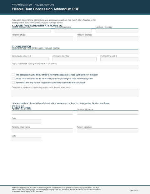 Fillable Rent Concession Addendum PDF preview