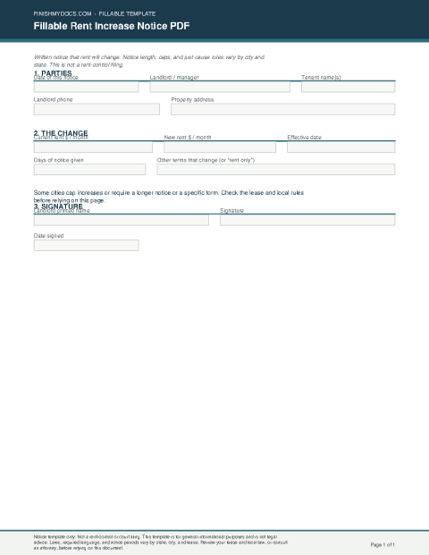Fillable Rent Increase Notice PDF preview