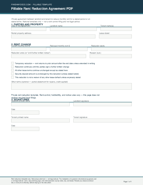 Fillable Rent Reduction Agreement PDF preview