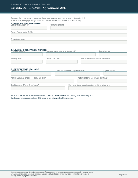 Fillable Rent-to-Own Agreement PDF preview