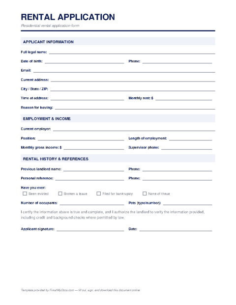 Rental Application Form preview