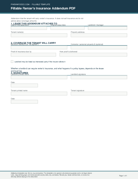 Fillable Renter's Insurance Addendum PDF preview