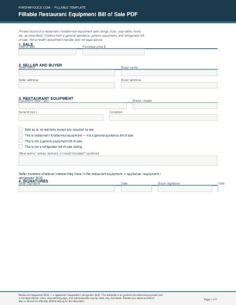 Fillable Restaurant Equipment Bill of Sale PDF preview