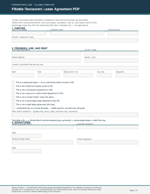 Fillable Restaurant Lease Agreement PDF preview
