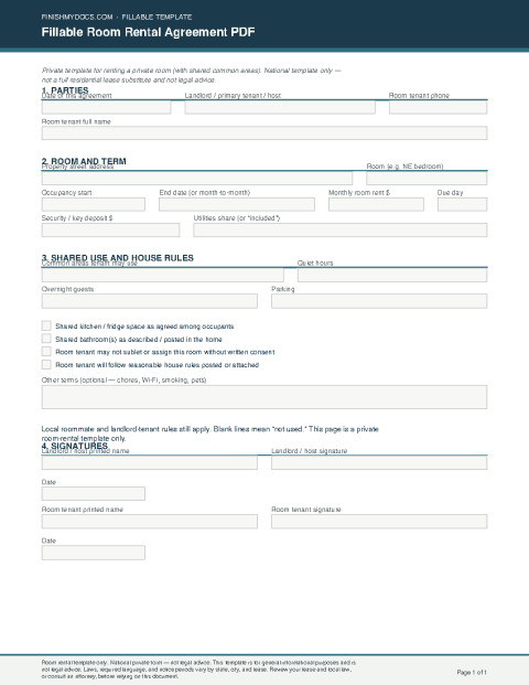 Fillable Room Rental Agreement PDF preview