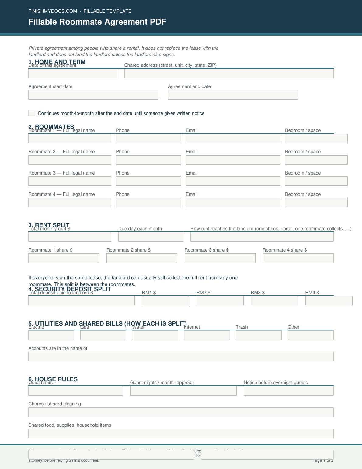 Fillable Roommate Agreement PDF preview