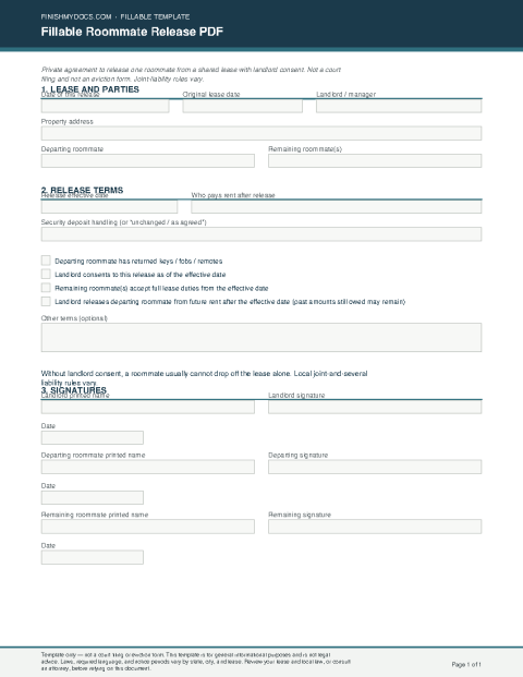 Fillable Roommate Release PDF preview