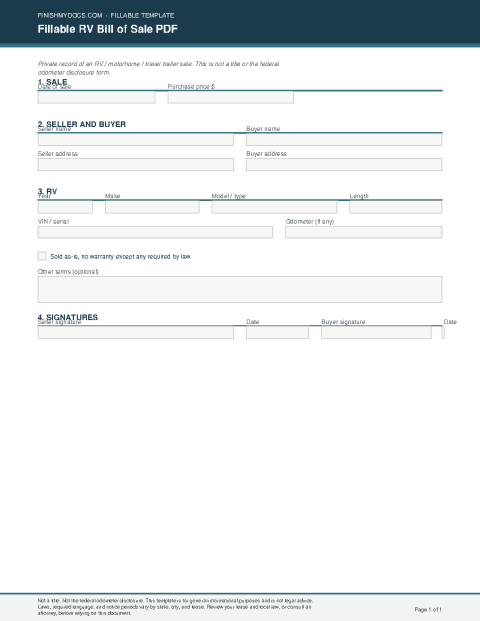 Fillable RV Bill of Sale PDF preview