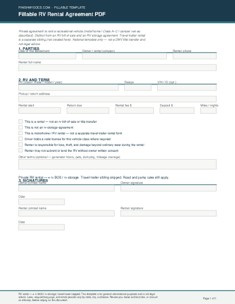Fillable RV Rental Agreement PDF preview