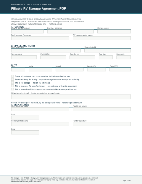 Fillable RV Storage Agreement PDF preview
