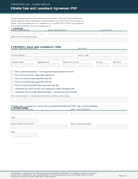Fillable Sale and Leaseback Agreement PDF preview