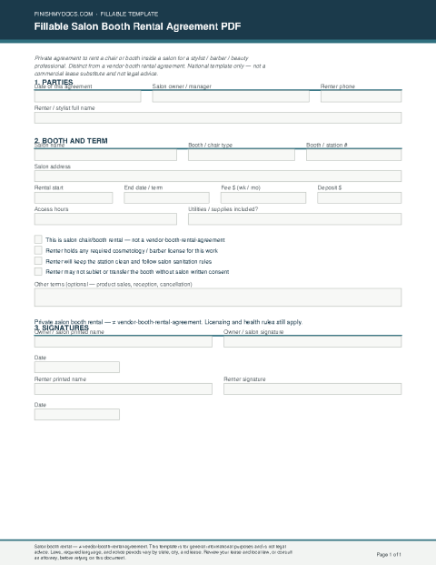 Fillable Salon Booth Rental Agreement PDF preview