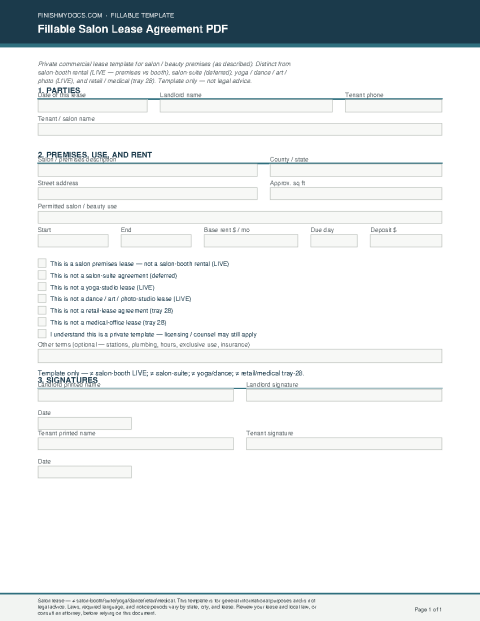 Fillable Salon Lease Agreement PDF preview