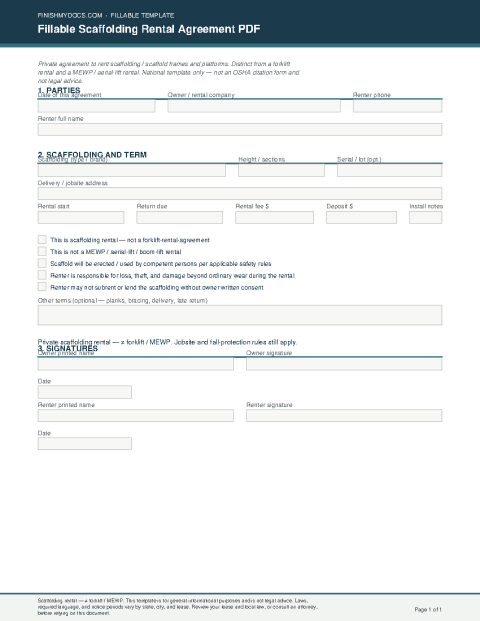 Fillable Scaffolding Rental Agreement PDF preview