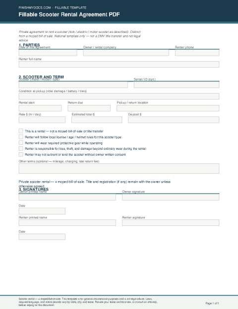Fillable Scooter Rental Agreement PDF preview