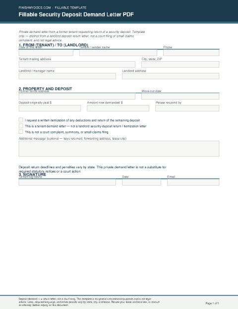Fillable Security Deposit Demand Letter PDF preview