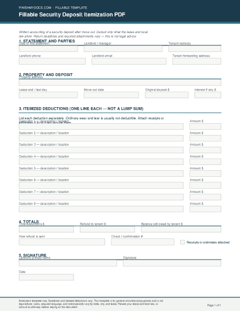 Fillable Security Deposit Itemization PDF preview