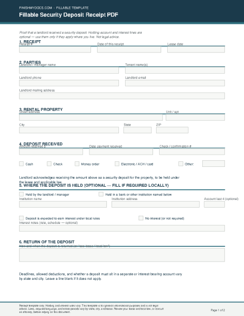 Fillable Security Deposit Receipt PDF preview