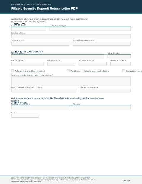 Fillable Security Deposit Return Letter PDF preview