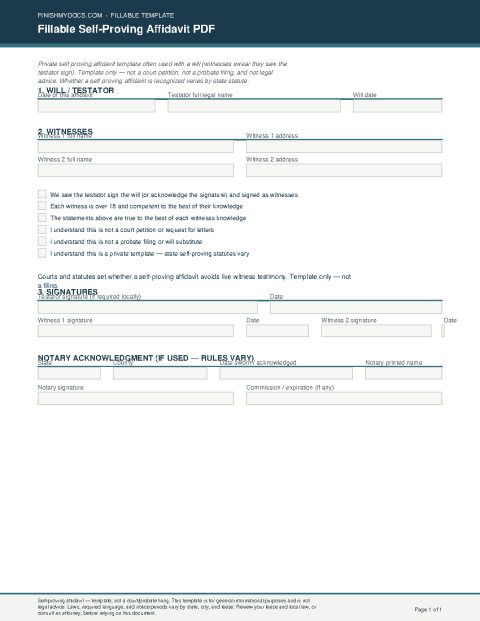 Fillable Self-Proving Affidavit PDF preview