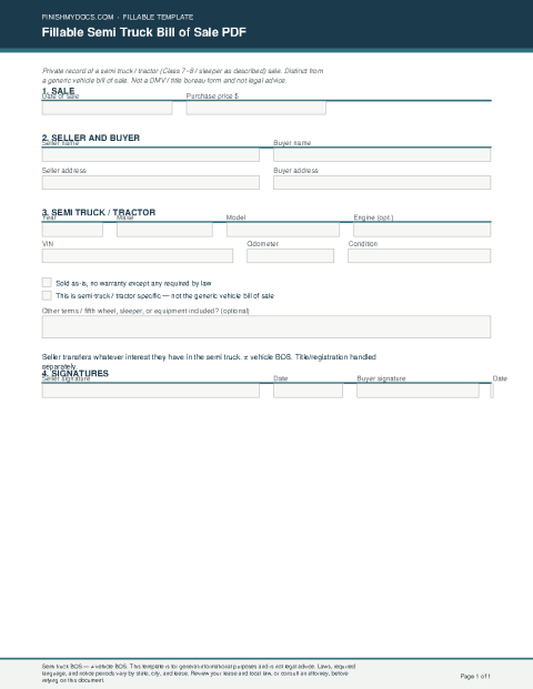 Fillable Semi Truck Bill of Sale PDF preview