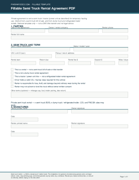 Fillable Semi Truck Rental Agreement PDF preview