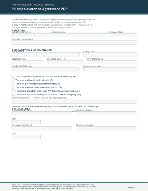 Fillable Severance Agreement PDF preview