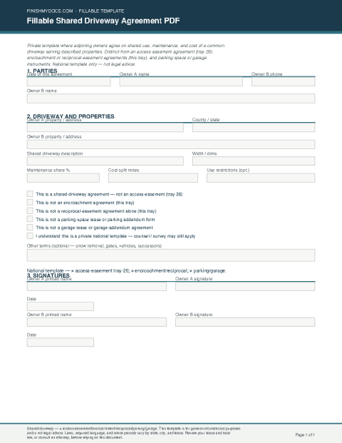 Fillable Shared Driveway Agreement PDF preview