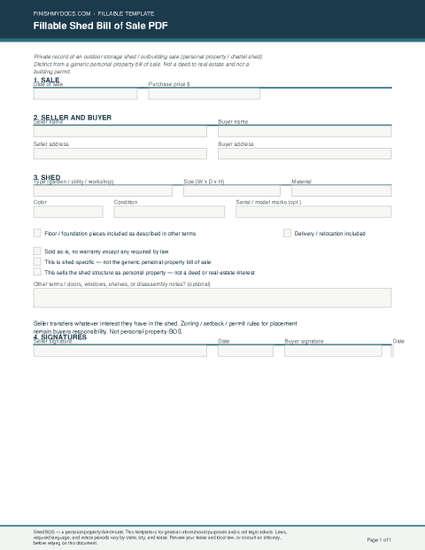 Fillable Shed Bill of Sale PDF preview