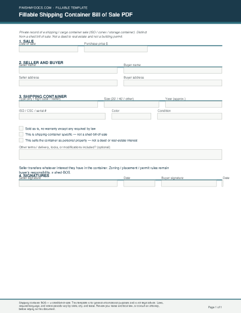 Fillable Shipping Container Bill of Sale PDF preview